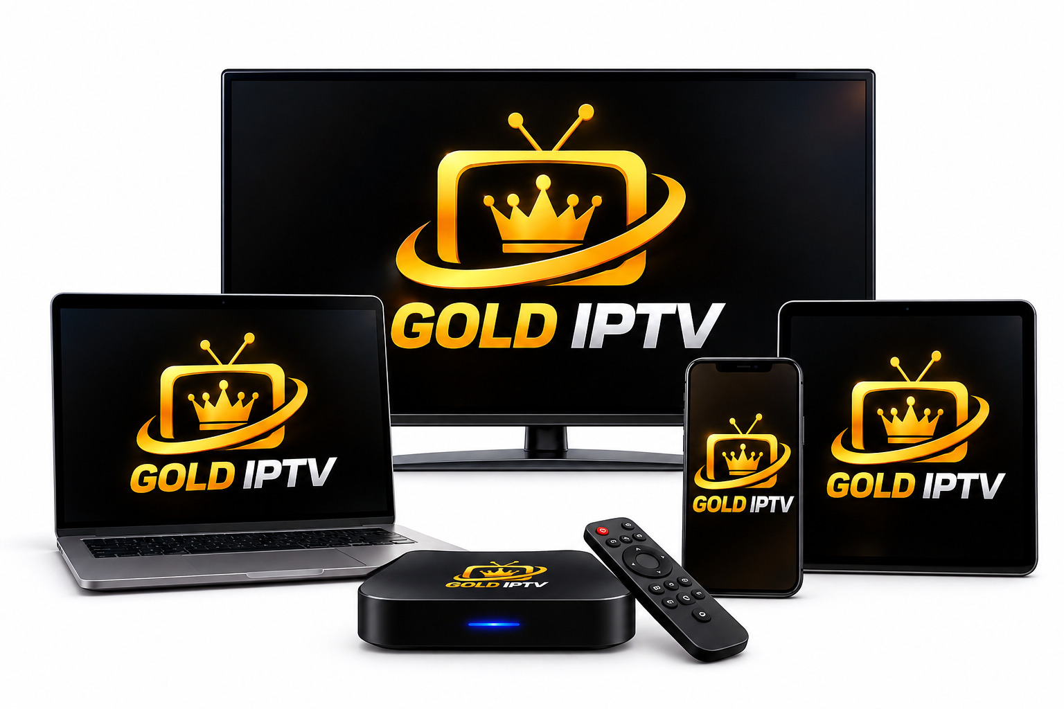 Gold IPTV streaming live TV channels on Firestick, Smart TV, smartphone and tablet devices in stunning 4K quality